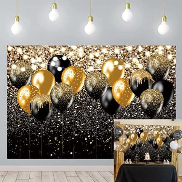 Imagem de Pano de fundo preto dourado balão aniversário casamento formatura fotografia fundo preto ouro glitter bokeh festa aniversário bolo decoração adereços 20 x 1,8 m