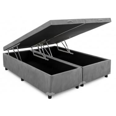 Imagem de Cama Box Baú King Bipartido 96, Blindado, Pistão á Gás, Pés de Madeira (Suede, Cinza)