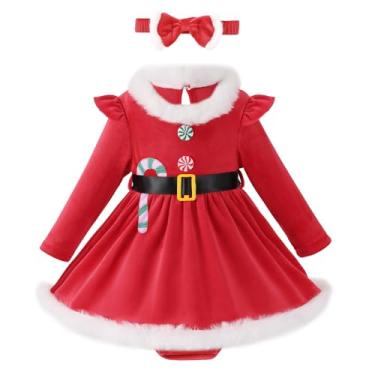 Imagem de Macaquinho de Natal para bebês recém-nascidos, manga comprida, vestido de veludo, roupa infantil com faixa de cabeça (vermelho B, 18-24M)