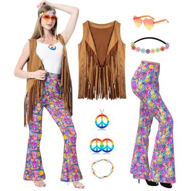 Imagem de MOLLDAN Conjunto de calça rodada retrô hippie para festa de Halloween dos anos 60 e 70 anos 60 anos, Marrom-02, P