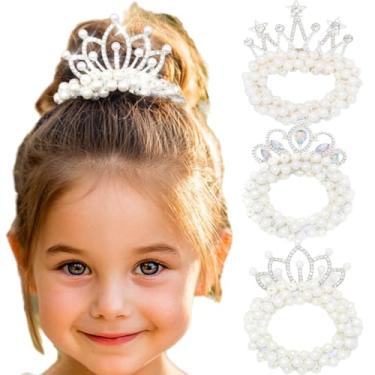 Imagem de Urieo Laços de cabelo com coroa de pérolas para meninas, elásticos de strass para tiaras, acessórios de cabelo branco elástico de cristal (pacote com 3)