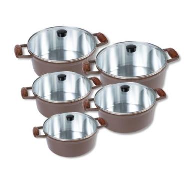 Imagem de Jogo De Panelas Caçarola Alumínio Cava 5 Pçs Tampa De Vidro Cor Chocol