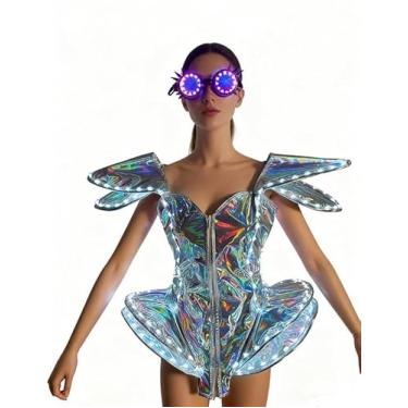 Imagem de Earthradius Fantasia de dança LED branca reflexiva a laser sexy body de uma peça com óculos para cantora dançarina, Prata, M