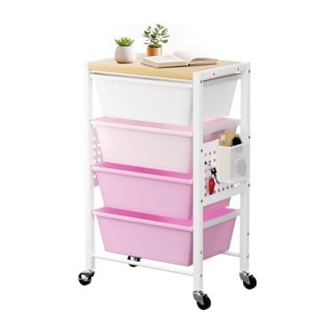 Imagem de Carrinho de rodinhas com 4 gavetas, carrinhos de armazenamento de gaveta de plástico com rodas e mesa de madeira, carrinho utilitário de metal com pegboards, escritório, sala de estar, sala de aula