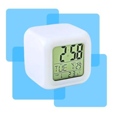 Imagem de Relogio de Mesa Cabeceira Cube LED 7 Cores Alarme Despertador Calendario Temperatura Som Alto RGB Linha Premium