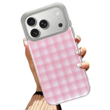 Imagem de Gukalong Capa de telefone com glitter para iPhone 17 Pro de 6,3 polegadas rosa quadriculado TPU macio e PC rígido capa de telefone prata resistente à prova de choque protetora antiarranhões capa fina