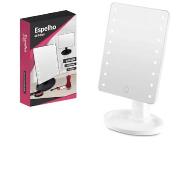 Imagem de Espelho de Mesa com 16 LEDs, Articulado 360°, Portátil, Base Giratória, 28,5 x 17 cm, Preto (Branco)