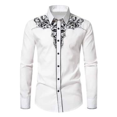 Imagem de Camisa masculina KISSQIQI Western Cowboy bordada Slim Fit