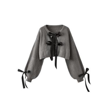 Imagem de Suéter de cardigã Verdusa feminino com gravata borboleta em malha cinz