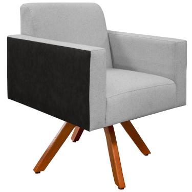 Imagem de Poltrona Decorativa Base Giratória de Madeira Helô L02 Linho Cinza Couríssimo Preto - Lyam Decor