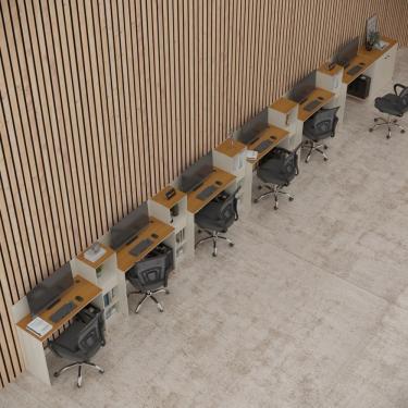 Imagem de Conjunto De Escritório Tech 5 Livreiro 1 Buffet E 6 Mesas 90 - Off White E Cedro Off White E Cedro