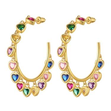 Imagem de beautlace Brincos de zircão colorido geométrico, borla, banhado a ouro 18 K, argola redonda com joia de zircônia colorida para mulheres, Medium, Cobre, Zircônia cúbica