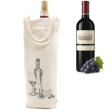 Imagem de Jacob Bicerri Bolsa reutilizável de algodão para presente de vinho com alça de corda – Sacola de garrafa de tecido ecológica com impressão de garrafa de vinho – Porta-vinho lavável elegante para