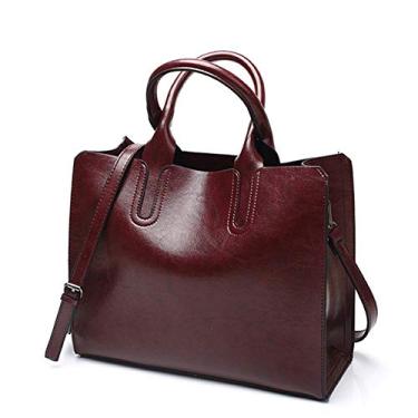 Imagem de Bigfanshu Bolsas de couro femininas 2020 bolsas casuais porta-malas ombro, Borgonha, 33*13*28cm