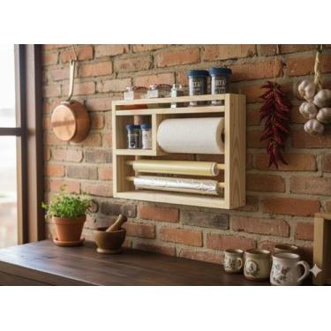 Imagem de Prateleira porta tempero madeira cozinha suporte parede papel toalha a