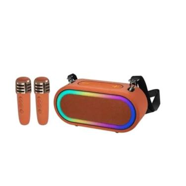 Imagem de Caixa de Som Portátil Bluetooth com LED RGB, 2 Microfones Karaokê, Alça de Transporte, Laranja, Alto-Falante sem Fio