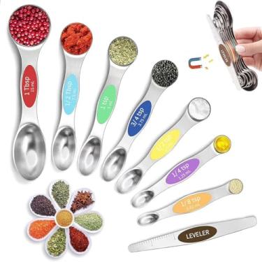 Imagem de Conjunto de 8 colheres de medição magnéticas de aço inoxidável com nivelador, colher de chá de metal dupla face e colheres de sopa, utensílios de cozinha para assar e cozinhar