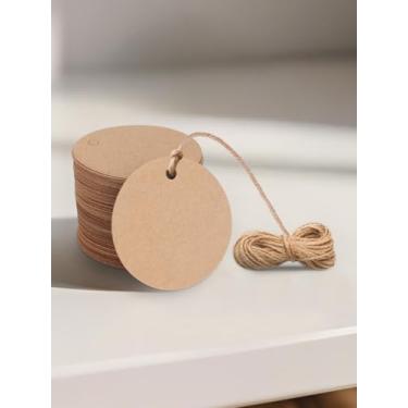 Imagem de 100 etiquetas de presente de papel kraft com barbante, etiquetas de preço em branco, etiquetas de pendurar para etiqueta de artesanato, casamento, Natal, Halloween, arredondadas (natural)
