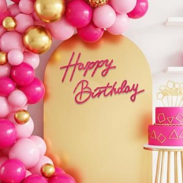 Imagem de TONIFUL Placa de feliz aniversário para pano de fundo - faixa de feltro rosa choque com glitter - inclui cola de bolinhas - perfeita para pano de fundo de festa de aniversário, decoração de parede