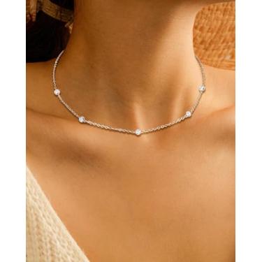Imagem de Colar de estação banhado a ouro 14K, colar de diamante simulado para mulheres, colar de corrente de zircônia cúbica, colares em camadas, 15+3inches, Aço inoxidável, Sem Pedra Preciosa