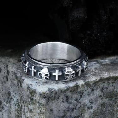 Imagem de Anel giratório de aço inoxidável com cruz de caveira – Símbolo de renascimento, força e novos começos, design giratório, joias elegantes e confortáveis para homens e mulheres tamanho 7-13, Aço