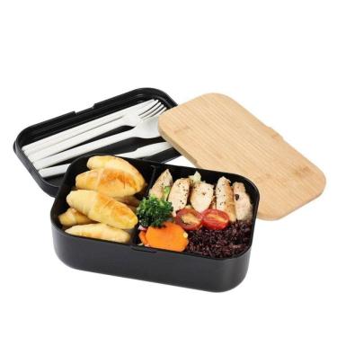 Imagem de Kit Marmita Lancheira Tampa Hermética Garfo E Colher 900ml Miniso Preta