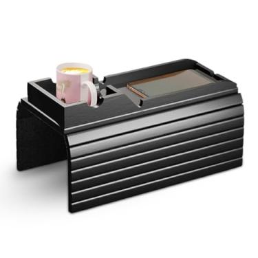 Imagem de OCTAZI Bandeja de sofá de bambu preta – organizador de apoio de braço dobrável com suporte de copo | antiderrapante, à prova d'água, mesa de braço de sofá removível para bebidas, lanches e controle