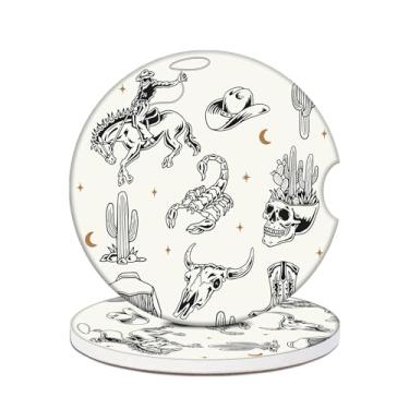 Imagem de Porta-copos de carro com caveira de caubói ocidental e cacto para porta-copos, 2 unidades de porta-copos de carro de cerâmica absorvente, acessórios interiores de 6 cm para mulheres e homens