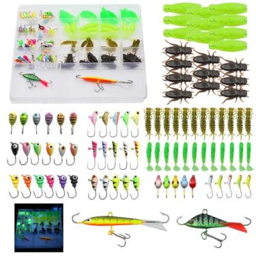 Imagem de 9KM DWLIFE Kit de gabaritos e iscas de pesca no gelo que brilham no escuro para panfish crappie truta Walleye, conjunto de equipamentos de pesca no gelo com iscas macias (89 peças-B)