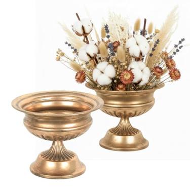 Imagem de WORTH Conjunto de 2 vasos de urna pequenos para centros de mesa, vasos de flores de trompete de metal clássico para mesa, vaso de tigela para festa de casamento, evento de decoração de casa (dourado