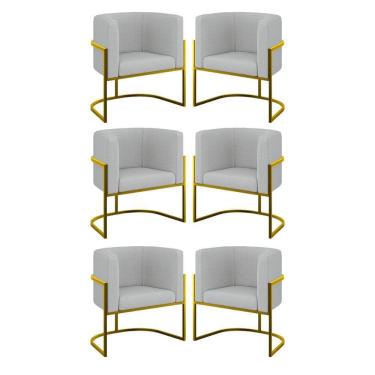 Imagem de Kit 06 Poltronas Lua Sala Decorativa Base Ferro Gold Bouclê Cinza