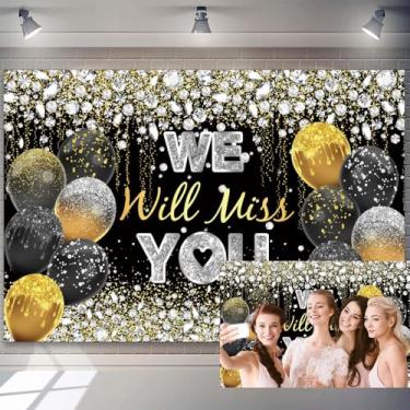 Imagem de Pano de fundo para festa de despedida de aposentadoria de 2,1 x 1,5 m com balões de ouro preto e diamantes prateados para decoração de festa de formatura We Will Miss You Banner Bye Office Work