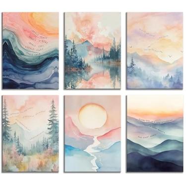 Imagem de 6 peças de arte de parede de saúde mental aquarela abstrata psicologia terapia citação motivacional floresta montanhas pintura imagem decoração de parede impressão em tela arte para escritório sala de