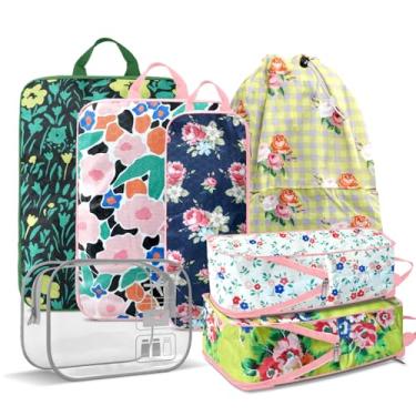 Imagem de Cubos de compressão de viagem de 7 peças – kit de higiene pessoal bolsas organizadoras dobráveis para embalagem eficiente da mala - estampa guingham com adorável floral (essenciais de viagem)