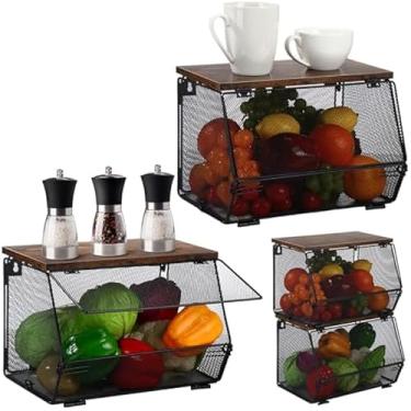 Imagem de Cesta empilhável de armazenamento de malha de metal com tampa de madeira, cesta suspensa montada na parede, recipiente de armazenamento de frutas e vegetais para cozinha, balcão e banheiro