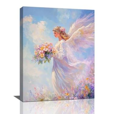 Imagem de Trulave Arte de parede com asas de anjo, decoração de parede em tela de menina de anjo, pintura vintage com flores, arte de paisagem para banheiro, sala de estar, quarto, 40 cm x 30 cm L