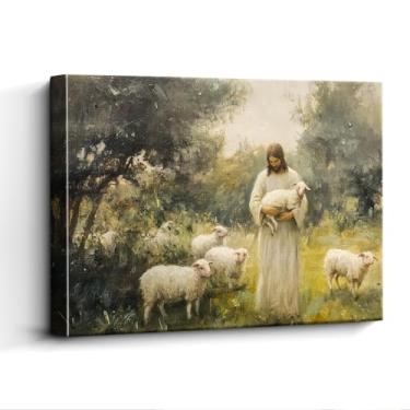 Imagem de WOXZQ Arte de parede de Jesus, bom pastor com cordeiro, decoração de parede pastoral, impressão em tela laminada sem moldura, pôster cristão, para presente de escola dominical, 38 x 30 cm