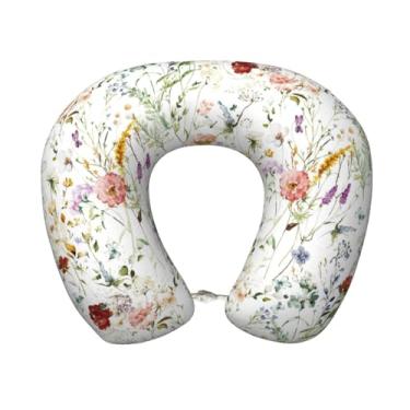 Imagem de OEDTF Almofada de viagem, almofada de pescoço em forma de U de espuma viscoelástica macia e confortável alivia a fadiga, portátil para avião, trem, vagão, Flor de aquarela, 11.8"×9.8"