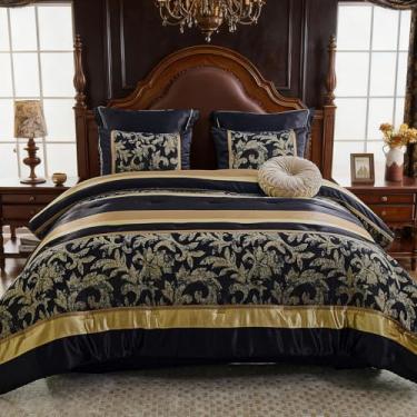 Imagem de Finlonte Conjunto de cama de 7 peças de edredom de ouro preto, tamanho queen, jacquard, vintage, geométrico, ondulado, patchwork, travesseiros, fronhas, saia para cama