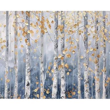 Imagem de WUIVCTR Pintura por número para adultos, iniciantes, folhas douradas, pintura floresta, arte, estilo, faça você mesmo, pintura a óleo digital por números, desenho em tela, sem moldura, 40,6 x 50,8 cm