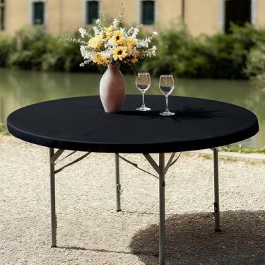 Imagem de NALVXIN, Toalha de mesa justa preta cartão elástico elastano toalha de mesa pequena elástica dobrável para cozinha, jantar, piquenique, pátio, festa ao ar livre (preto, 152 x 152 cm (redondo))