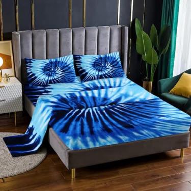 Imagem de Nttopship Jogo de cama Queen Blue Tie-dye com 4 peças, arte abstrata, moderna, com bolsos profundos de 40,6 cm, decoração de quarto, 4 peças (1 lençol + 1 lençol + 2 fronhas)