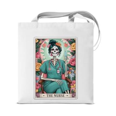 Imagem de KSFFWQIN Bolsa de ombro engraçada com cartão de tarô de caveira para mulheres, enfermeira, estética, reutilizável, para compras, supermercado, trabalho, presentes de bruxa, bolsas góticas