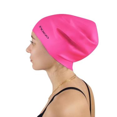Imagem de DRUNA Touca de natação de silicone | para cabelos longos | extra grande e confortável | impermeável e durável | ideal para cabelos grossos | cores vibrantes | para piscina e oceano (rosa)