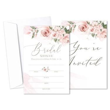 Imagem de Convites de chá de panela floral rosa blush com envelopes, convites de casamento Love In Bloom, convite de chá de panela para festa de noivado despedida de solteira, conjunto de 25 -B07