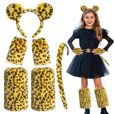 Imagem de Rthjsfj Conjunto de fantasia de leopardo cosplay animal orelhas de pelúcia luvas polainas cauda polainas para fantasia de Halloween acessórios