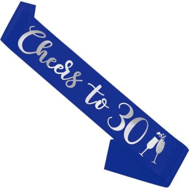 Imagem de Faixa de aniversário azul, faixa de aniversário "Cheers To 76.2 cm para meninas, mulheres e homens com letras prateadas para lembrancinhas de festa engraçadas, 30 azul, prata