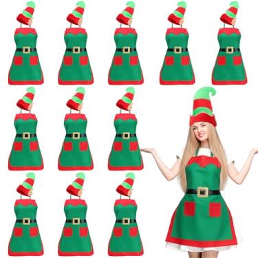 Imagem de Toulite Conjunto de 12 peças de avental e chapéu de elfo de Natal com listras de sino, fantasia de elfo vermelho e verde, aventais de Papai Noel, chapéus de festa de Natal