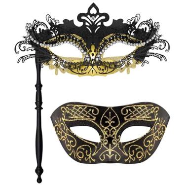 Imagem de SIQUK Máscaras de baile de máscaras para casais com bastão máscara veneziana em um palito máscara de carnaval máscaras de festa para casais, mulheres e homens