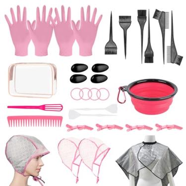 Imagem de Kit de coloração de cabelo com 32 peças, ferramentas de tintura de cabelo para salão de bricolage. Conjunto de escova e tigela de tintura de cabelo/tampa de cobertura com ganchos de plástico/escova de